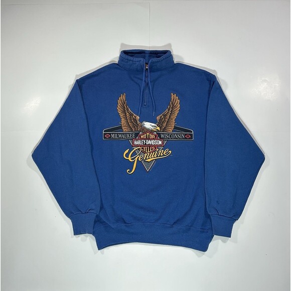 Vintage Harley Davidson 90s Quarter Zip Crewneck Blue Large Sweatshirt Milwaukee - Picture 1 of 15